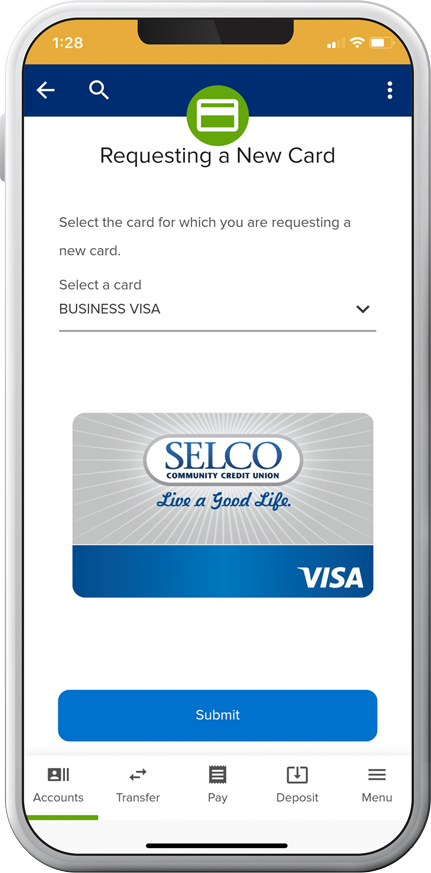 SELCO app showing how to order new card