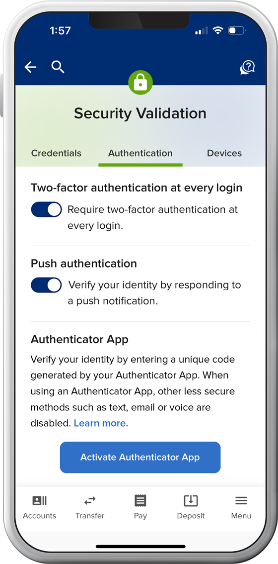 Credit union digital banking security setting options