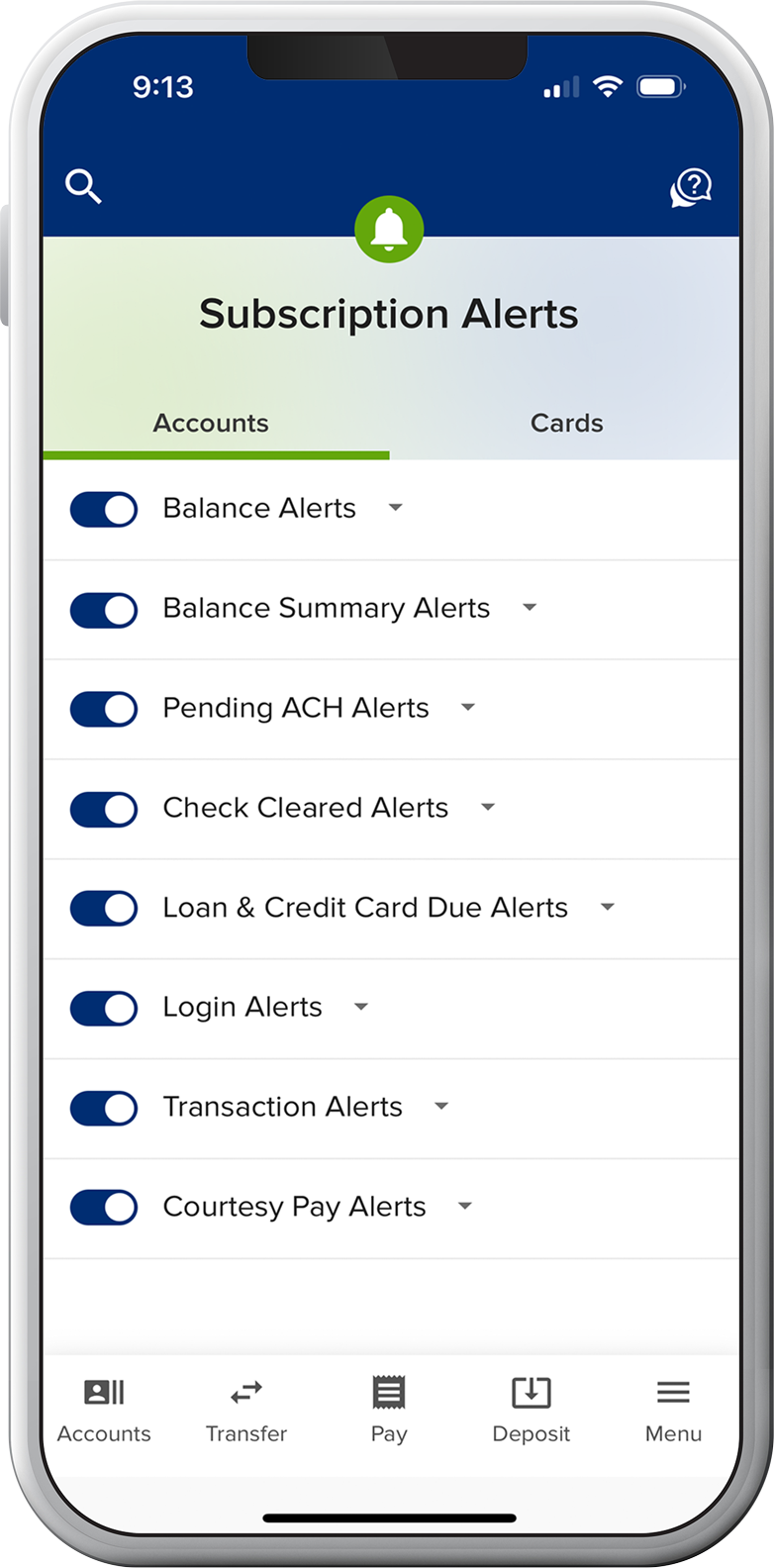 Credit union digital banking account and card alerts 