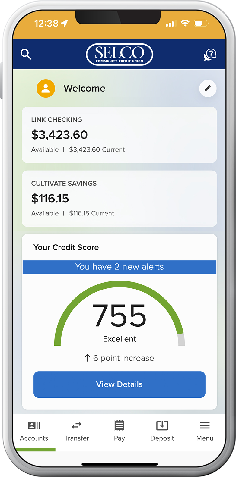 SELCO app photo with checking, cultivate savings, and credit score