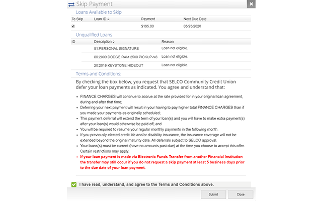 Requesting a Skip Payment SELCO Online Banking Step 2.