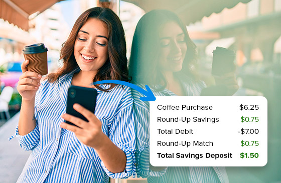 Grow savings with round up match image of debits and credits. 